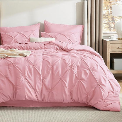 Bedsure Twin Comforter Set Baby Pink - Bed in a Bag Twin Size Bedding 5 Pieces, GentleSoft™ Pintuck Bed Set Gift for Family, Pinch Pleat Pink Comforter with Sheets, Pillowcase & Sham