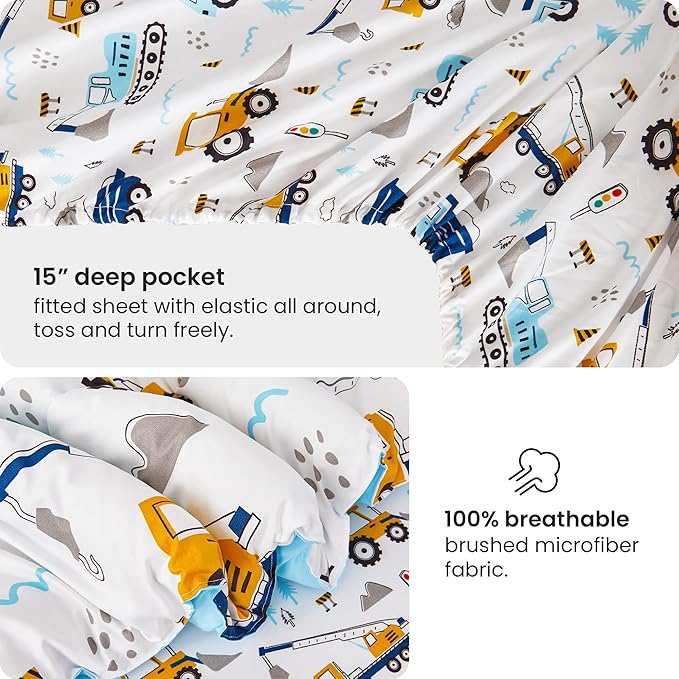 Mooreeke Twin Size Comforter Sets for Girls Kids, 6 Pieces Bed in a Bag Truck Excavator Bedding Comforter Sheet Set with Shams and Decorative Toy Pillow, Ultral Soft Microfiber Kids Bed Set