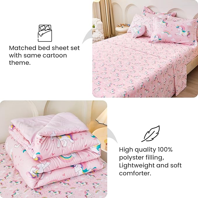 Mooreeke Twin Size Comforter Sets for Girls Kids, 6 Pieces Bed in a Bag Heart Rainbow Unicorn Bedding Comforter Sheet Set with Shams and Decorative Toy Pillow, Ultral Soft Microfiber Kids Bed Set
