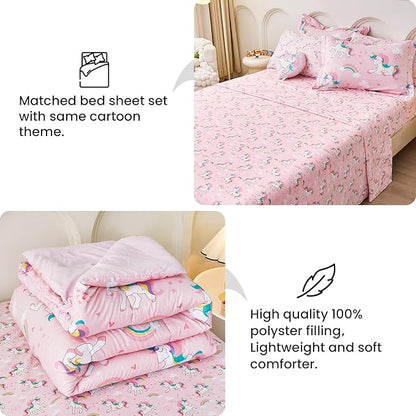 Mooreeke Twin Size Comforter Sets for Girls Kids, 6 Pieces Bed in a Bag Heart Rainbow Unicorn Bedding Comforter Sheet Set with Shams and Decorative Toy Pillow, Ultral Soft Microfiber Kids Bed Set