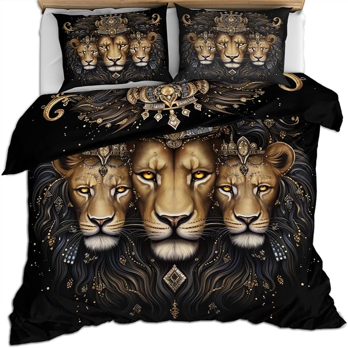 Lion Duvet Cover Twin Size, Crown Lion Father and Son Bedding Set 2 Piece Kids and Adults Luxury Abstract Animals Comforter Cover with Zipper Ties & 1 Pillowcases