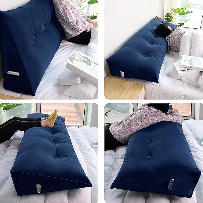 WOWMAX 100% Cotton Velvet Headboard Pillow – Twin Size Wedge Back Support Reading Bolster for Bed & Daybed, Handmade Firm Support Cushion with Removable Cover, Soft Luxury Bed Rest Pillow, Deep Blue