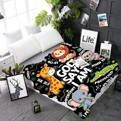 Bible Verse Blanket, Christian Gifts, God Says I am Blankets,Giraffe Lion Koala Elephant Print Animal Blankets, Cute Religious Baptism Gift for Son,Animals Lover Room Bed Decoration, 40"x50"