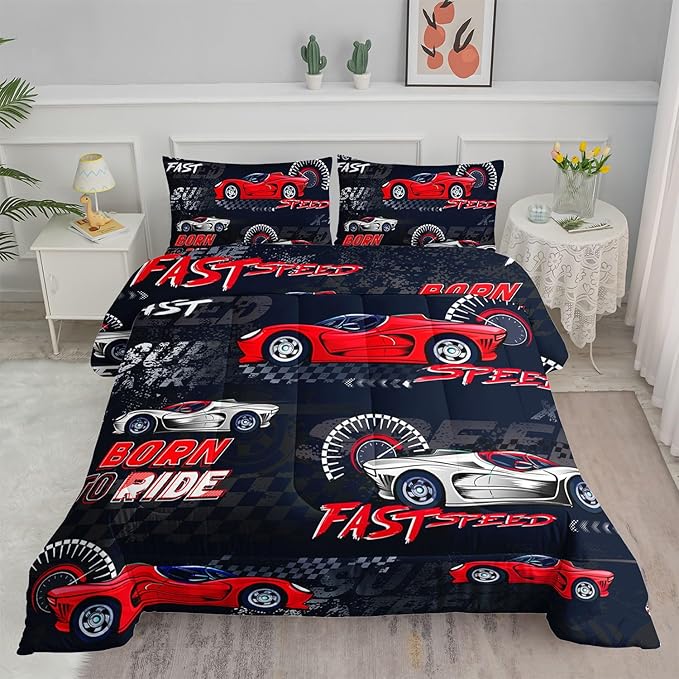 Red Sports Car Comforter Set Cool Sports Printed Bedding Set with 1 Comforter and 2 Pillowcases for Boys and Girls Bedroom All Season(Car-2 Full)