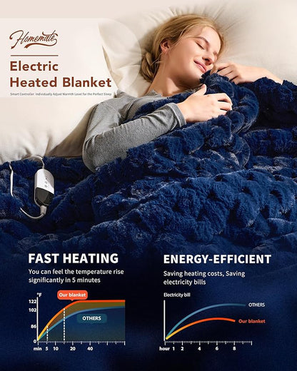Homemate Heated Blanket Electric Throw - 50"x60" Heating Blanket Throw 1/2/4/6/8 Hours Auto-Off 10 Heat Levels Over-Heat Protection Luxury 800 GSM Faux Fur 200 GSM Sherpa ETL Certification