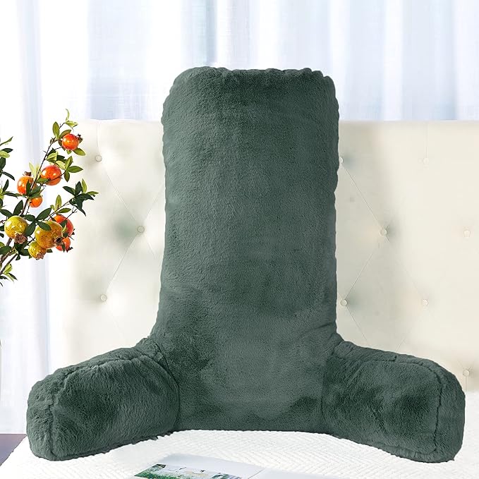 Faux Fur Assembly Need DIY Extra Large Backrest Reading Bed Rest Pillow with Arms and Pockets for Sitting in Bed Couch Sofa, Removable Cover & Filling Seprated, 28" x 30" x17", Dark Gray