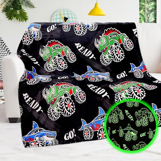 BORORO Glow in The Dark Truck Dinosaur & Shark Blanket - Excavator Construction Car Gifts for Boys Age 3-12, Soft Fleece Luminous Tractor Throw Blanket for Kids Room Decor 50"×60"