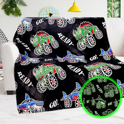 BORORO Glow in The Dark Truck Dinosaur & Shark Blanket - Excavator Construction Car Gifts for Boys Age 3-12, Soft Fleece Luminous Tractor Throw Blanket for Kids Room Decor 50"×60"