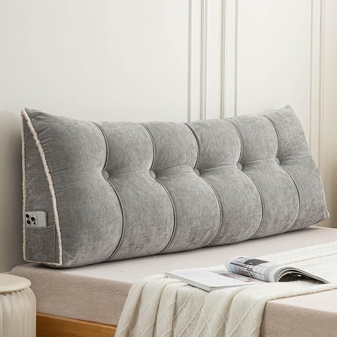 Headboard Pillow Queen, Chenille Triangular Wedge Pillow Headboard Queen Size, Reading Setting Backrest Daybed Pillows for Sofa Bed with Removable Cover, Grey