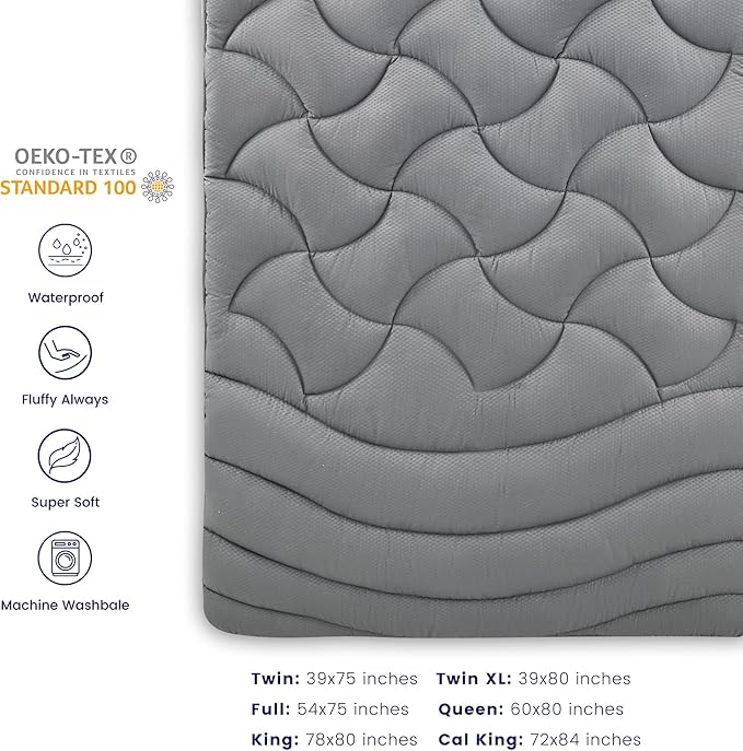 SLEEP ZONE Waterproof Mattress Pad Twin XL for College Dorm, Pillow Top Mattress Cover, Extra Thick, 38 x 80 Inches (Grey, Twin XL)