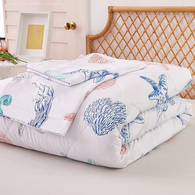 JSD Beach Theme Kids Comforter Set Twin Size, Jellyfish Starfish Shell Printed Comforter with Pillow Sham, Lightweight All Season Washable