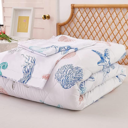 JSD Beach Theme Kids Comforter Set Twin Size, Jellyfish Starfish Shell Printed Comforter with Pillow Sham, Lightweight All Season Washable