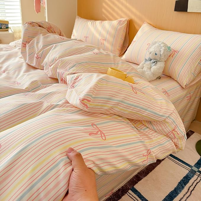 AOJIM Pink Bow Duvet Cover Set 3PCS for Girls Boys, 1 Soft Breathable Cotton Comforter Cover Twin XL Size and 2 Matching Pillowcases, Rainbow Striped Bedding Duvet Cover Set for Room Decor, No Duvet