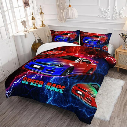 AILONEN Cool Racing Car Comforter Set Twin Size, Sports Car Bedding Sets for Kids Boys Teens,Extreme Speed Race Bed in a Bag,Lightning Racing Duvet Set,1 Quilt and 2 Pillowcases,3 Pieces