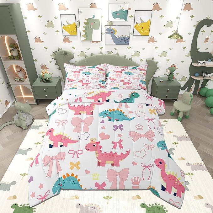 Cute Dino Kids Comforter Set Toddler Size,Kawaii Bowknot Heart Princess Style Reversible Quilt Set for Boys Bedroom Decor,Pink Blue Dinosaur Cartoon Animal Duvet Insert,1 Pillowcase