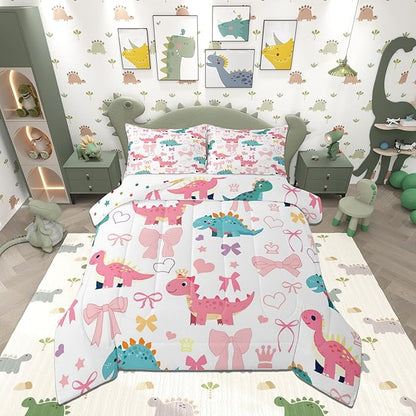 Cute Dino Kids Comforter Set Toddler Size,Kawaii Bowknot Heart Princess Style Reversible Quilt Set for Boys Bedroom Decor,Pink Blue Dinosaur Cartoon Animal Duvet Insert,1 Pillowcase