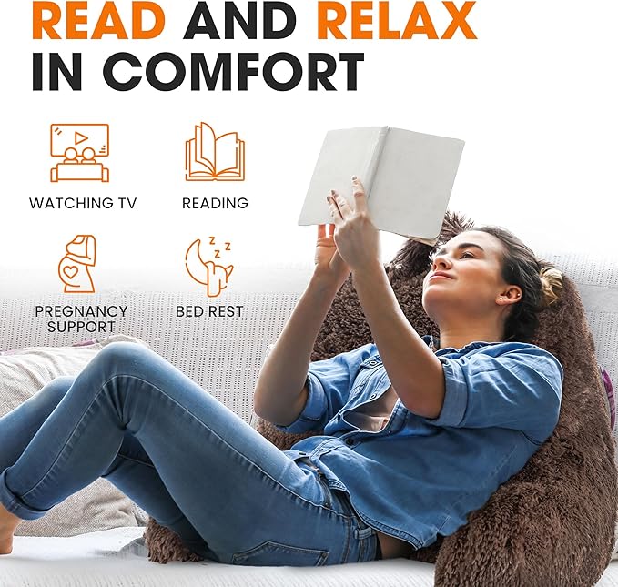 Cheer Collection Fluffy Reading Pillow Chair - Shaggy Hair Chair Pillow with Arms for Bed & Couch, Chocolate