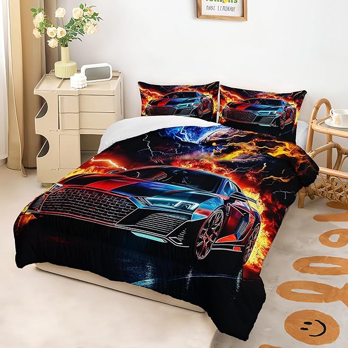 Colorful Racing Car Black Cheetah Comforter 3Pcs Full Cool Speed Sport Car Thunder Fire Bedding Set for Kid Teen Girl Boy Adult Extreme Games Quilt Bed Decor with 1 Comforter and 2 Pillowcases
