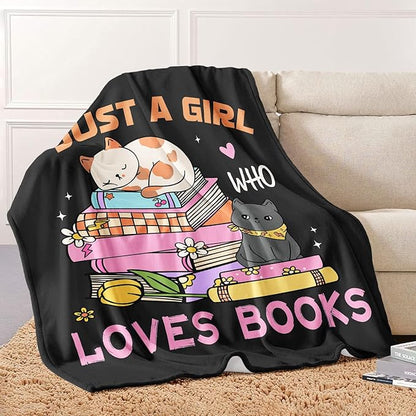 Cat Lover Blanket, Just A Girl Who Loves Books Blanket, Soft Warm Cozy Fleece Throw, Gifts for Girls Women Kids, 50"x60", Black