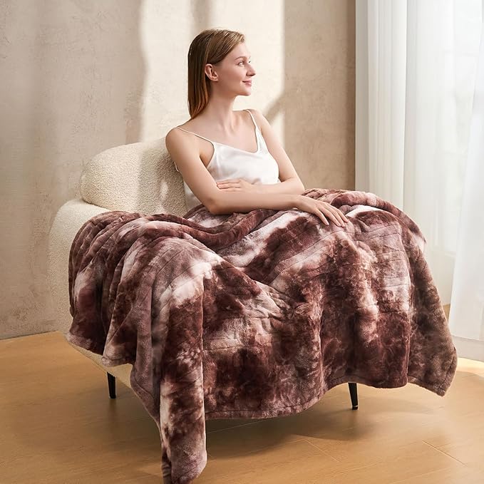 Electric Heated Blanket 90"x100",Luxury White Coffee Faux Rabbit Fur Electric King Blanket,Fast Heating Soft Fluffy Thick Electric Blanket with 6 Heating Levels & 12H Auto Off