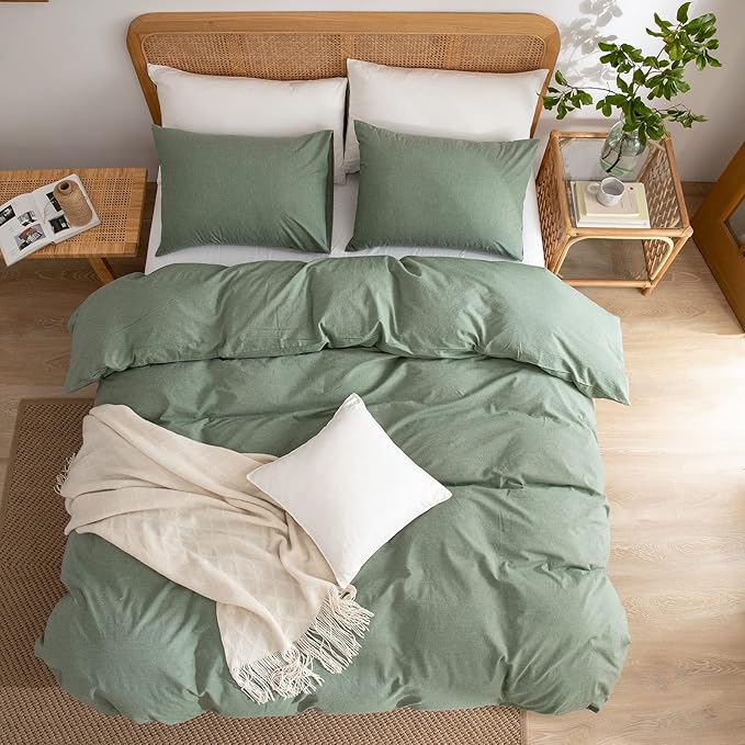 Green Duvet Cover King, 100% Washed Cotton Linen Like Textured 3 Pieces Bedding Set, Solid Color Simple Style Duvet Cover, Luxury Relaxed Feel Natural Wrinkled Breathable Soft Comfy (Green, King)
