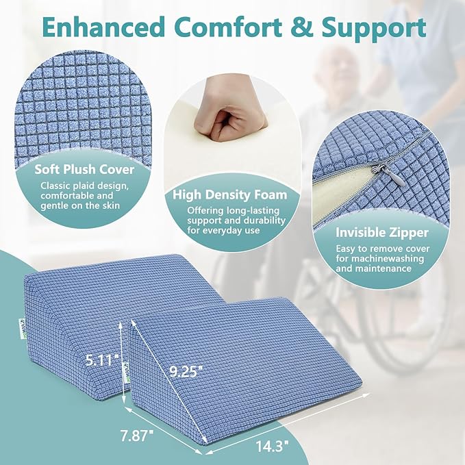 2Pcs Small Wedge Pillows for Side Sleeping Positioning Wedges, Foam Small Bed Wedge, Triangle Chair Wedge Pillow with Strap, Sleep Yoga Mini Pillows for Laptop, Leg Elevation, Knee Support, Bed Sores