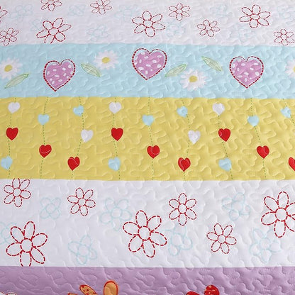 Cozy Line Home Fashions Floral Heart Print Reversible Girl Bedding Quilt Set, Bedspread, Coverlet (Flower Garden, Queen - 3 Piece)