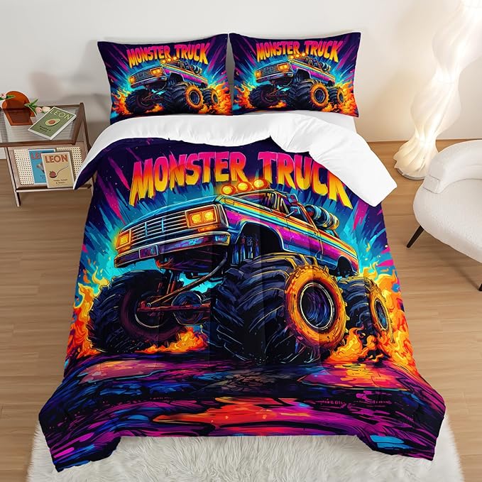 Cool Monster Truck Comforter Set Full Size,Colorful Racing with Flame Bedding for Kids Boys Teens Room Decor,Cartoon Cars Sport Themed Bedding Sets with 2 Pillowcases.
