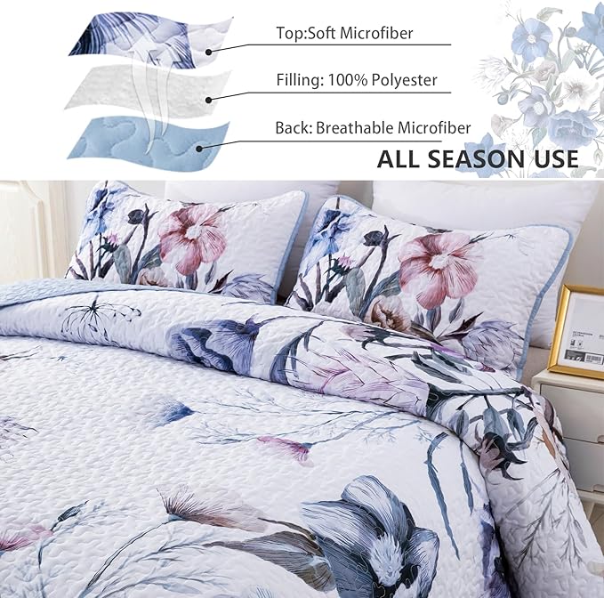 Floral Quilt Set King 3 Pieces Light Blue Floral Quilt Coverlet Set Soft Microfiber Lightweight Light Blue Quilted Bedspread for All Season 104"x90"