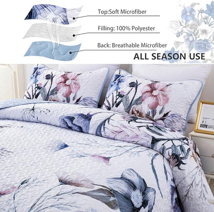 Floral Quilt Set King 3 Pieces Light Blue Floral Quilt Coverlet Set Soft Microfiber Lightweight Light Blue Quilted Bedspread for All Season 104"x90"