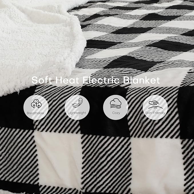 Electric Heated Blanket 50"x60" Throw Size, Flannel, Machine Washable 4 Heat Settings & 10 Hours Auto Off - Striped Check