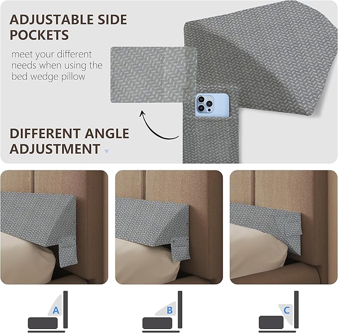 Bed Wedge Pillow for Headboard Gap Bed Mattress Gap Filler (0-8") Between Headboard/Wall and Mattress Grey Twin Size Foam Support Triangle Bloster Pillow Stoppers with 2 Pockets