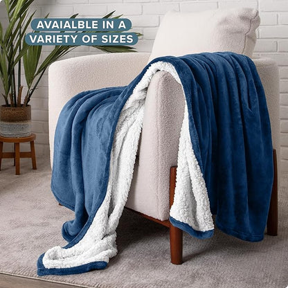 Bare Home Sherpa Fleece Blanket - Full/Queen Size - Blanket for Bed, Sofa, and Couch - Warm & Lightweight - Fluffy & Soft - Reversible (Full/Queen, Dark Blue)