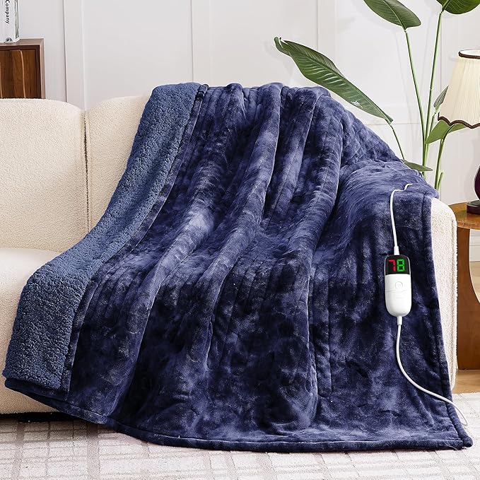 greenoak Heated Electric Blanket Throw, Faux Fur Sherpa Heating Blanket for Sofa Bed, Warm Winter Gifts for Dad/Grandma, Heater Lap Blankets 5-Position Timer &10 Heating Levels 62''*84" Cobalt
