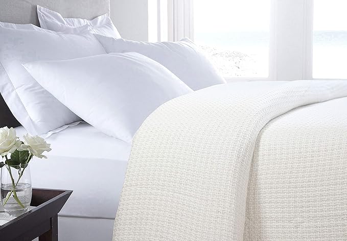 HILLFAIR 100% Combed Cotton Blanket– King Bed Blanket– Soft Cozy Warm Multipurpose Throws for Luxury Home Decor– 90 x 108 inch King Size Cotton Blankets for Beds- Bed Blankets for All Season- Ivory