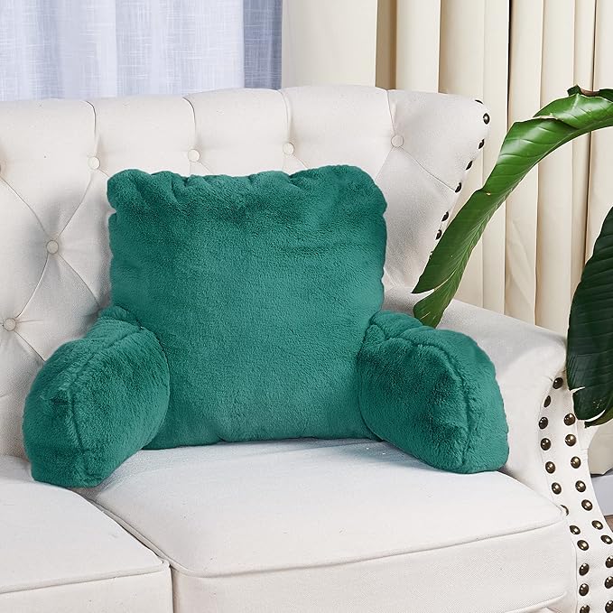 Home Soft Things Fox Faux Fur Bedrest Reading Pillow with Handle and Side Pocket, 20" x 18" x 17"，Teal Green Backrest Armrest Pillow Chair Back Support for Sitting up in Bed