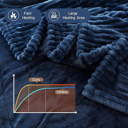 Electric Heated Blanket Queen Size 84x90 Inch - Ultra Soft Silky Flannel with Ribbed Texture, Dual Zone Controllers with 10 Heating Levels and 12 Hours Auto-Off Feature - Navy Blue