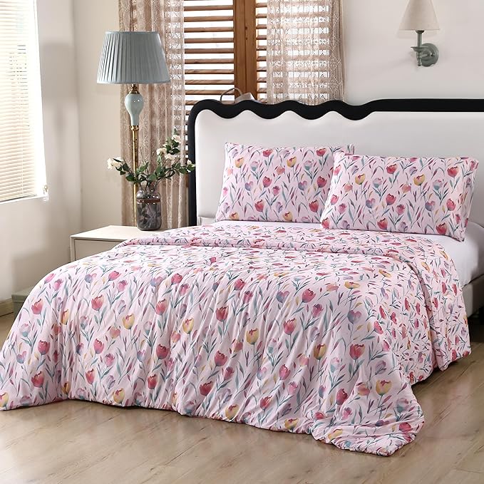 SDIII Pink Floral Comforter Set Twin 3 Pieces, Silky Breathable Microfiber and Spandex, Twin Comforter Floral Pink for Girls Boys Kids and Teens