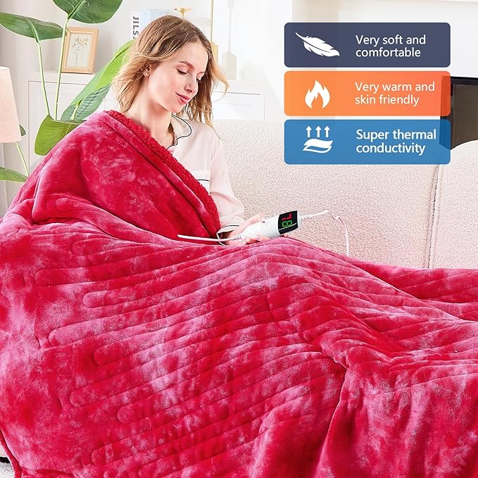 greenoak Heated Electric Blanket Throw, Faux Fur Sherpa Heating Blanket for Sofa Bed, Warm Winter Gifts for Mom/Grandma, Heater Lap Blankets 5-Position Timer &10 Heating Levels 72''*84" Red
