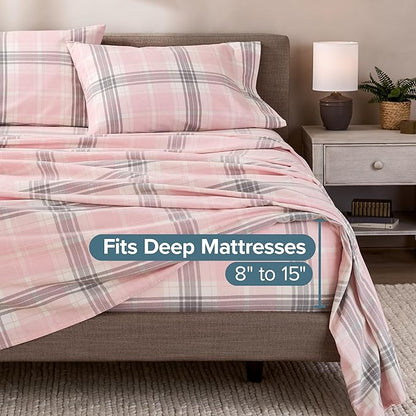 Bare Home Flannel Sheet Set Prints, 100% Cotton, Velvety Soft Heavyweight - Double Brushed Flannel - Deep Pocket (Twin, Aurora Plaid - Pink)