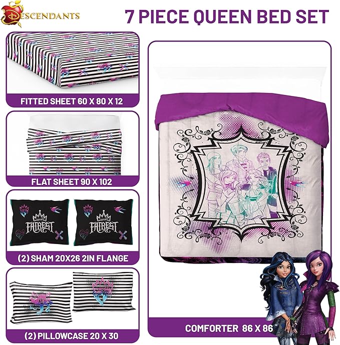 Jay Franco Kids Comforter Set Includes Sheets and Pillow Cover - Soft and Cozy Bed Set for Stylish Room Décor, Multi - Descendants, 7 Piece Queen