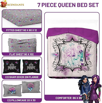 Jay Franco Kids Comforter Set Includes Sheets and Pillow Cover - Soft and Cozy Bed Set for Stylish Room Décor, Multi - Descendants, 7 Piece Queen