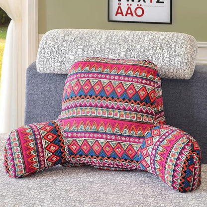 Bohemian Printed Reading Pillow with Support Arms Soft Bed Rest Pillows Back Support Cushion for Kids Reading Watching TV Sitting Up in Bed (20"×15"×8",Red)