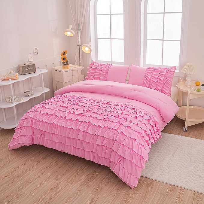 MWMWMW 5 Pcs Girls Pink Comforter Set Twin, Pink Ruffle Princess Bedding Set, Girls Bedding Set Twin with 1 Comforter, 1 Flat Sheet, 1 Fitted Sheet & 2 Pillowcases