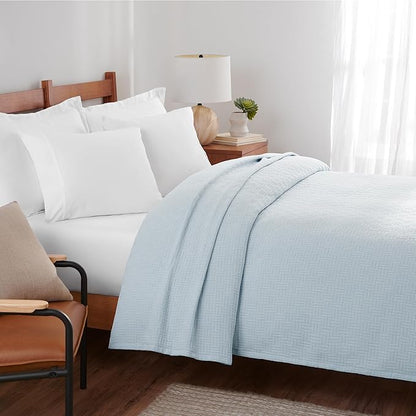 Arkwright Basket Weave Twin Blanket - 100% Ringspun Cotton All Season Blankets, Luxury Hotel Quality, Soft on Skin, Breathable, 300 GSM for Bed, Sofa, and Chair, 68 X 90 in, Blue