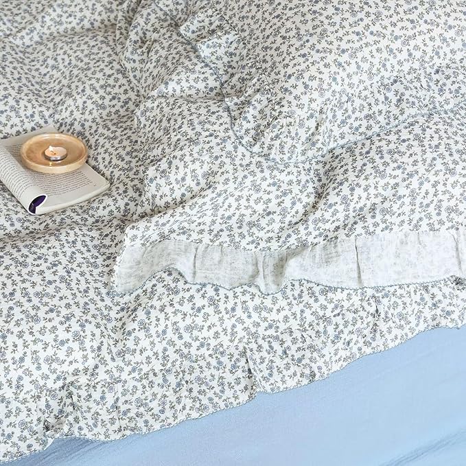 BuLuTu Blue Floral Ruffles Duvet Cover Twin for Kids Girls Boys, Double Layers Gauze Cotton Bedding Twin Quilt Cover with 2 Pillowcases, Soft Breathable Comforter Cover, Zipper & Corner Ties