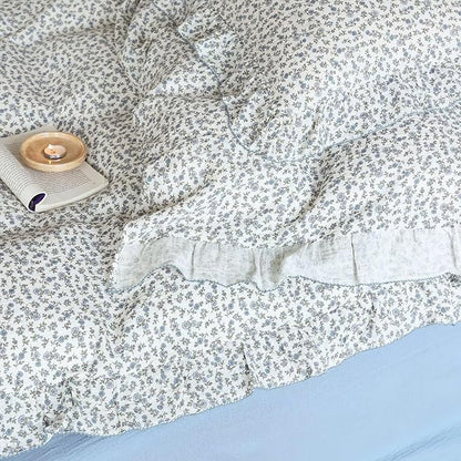 BuLuTu Vintage Blue Floral Duvet Cover Full, Princess Ruffles Bedding Set for Kids Teens, Muslin Cotton Quilt Cover with 2 Pillow Cases, Soft Lightweight Breathable, All Seasons