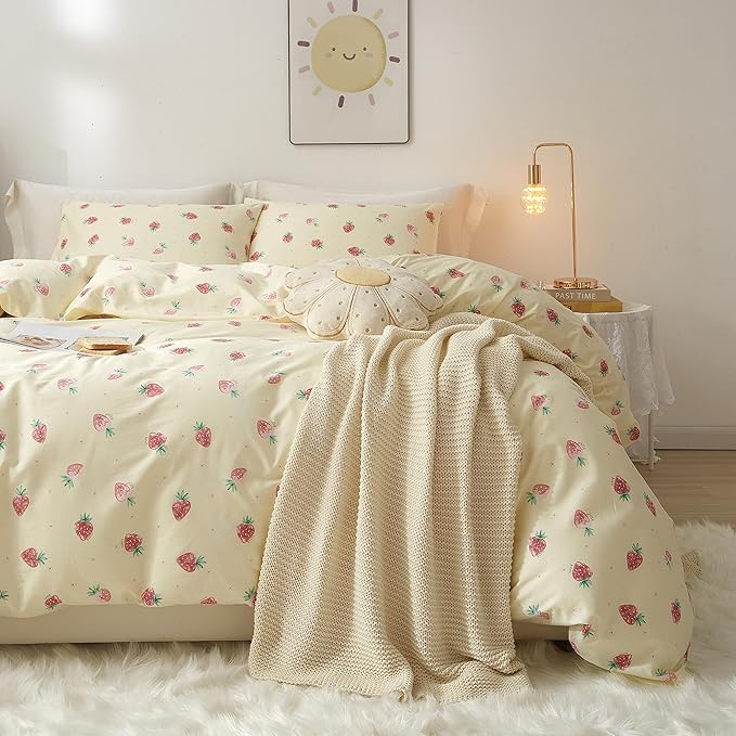 AOJIM Pure Cotton Kids Duvet Cover with Small Strawberries, Soft Bedding Comforter Cover Set 3pcs, 1 Cute Reversible Girls Quilt Cover Twin Size and 2 Pillowcases for Room Deocr, Machine Washable