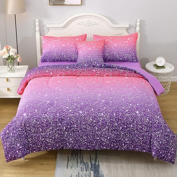 6Pcs Glitter Comforter Set with Sheets for Teens Girls Kids, Colorful Gradient Glitter Themed Bed in a Bag Twin Size, Pink Purple 3D Sparkly Galaxy Bedroom Decor Bedding Set