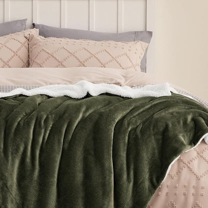 Bedsure GentleSoft Sherpa Fleece Throw Blanket Twin Size for Couch - Thick and Warm Throw for Women and Men, Soft Fuzzy Plush Twin Blanket for Winter, Olive Green, 60x80 Inches